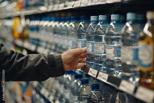 A mans hand grabbing a bottle of water from a shelf in a store with other bottles around