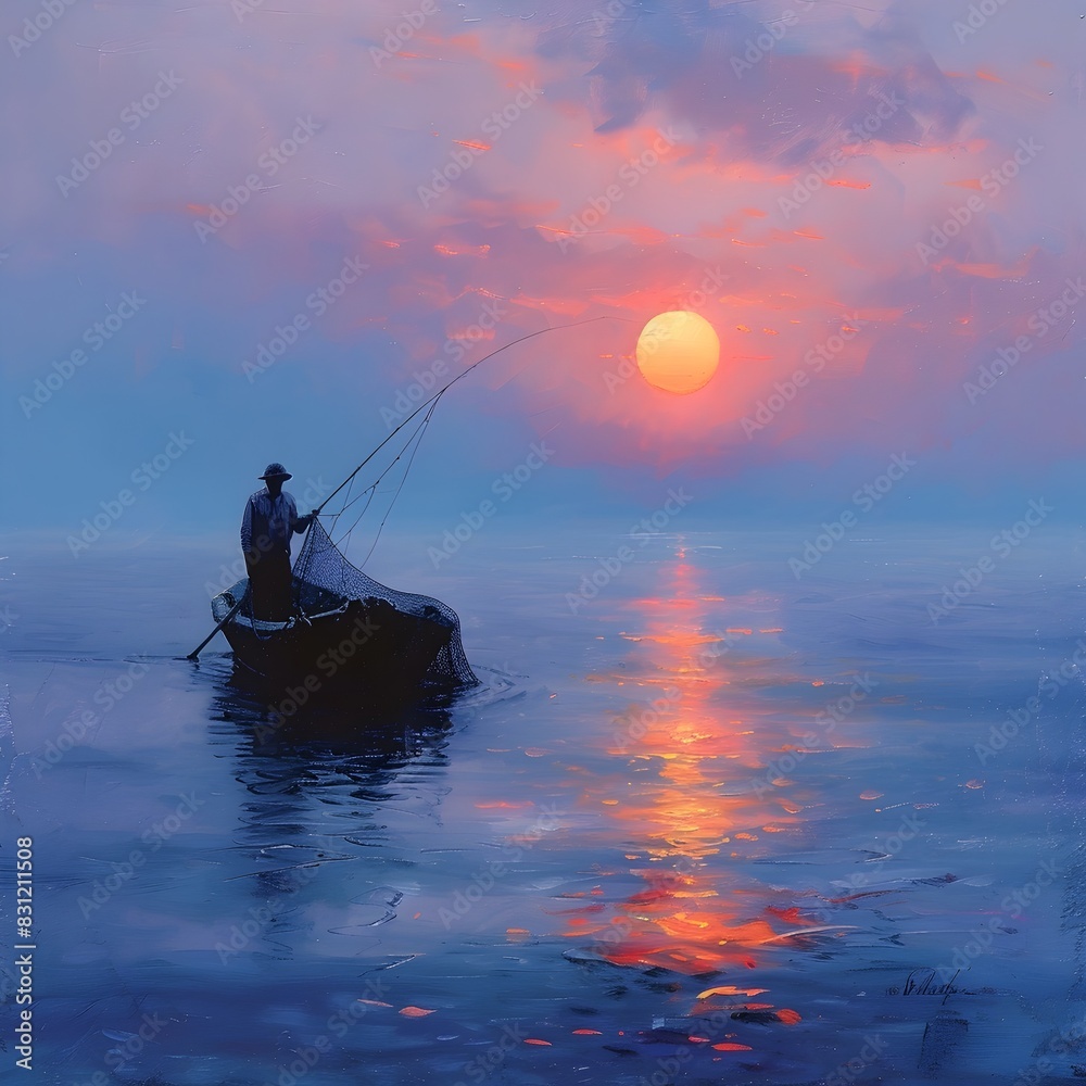 Lone Fisherman Navigating Tranquil Waters at Breathtaking Sunrise or Sunset