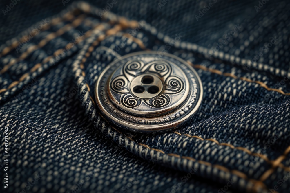 Closeup of intricately designed button on the back of a pair of jeans, next to an empty label