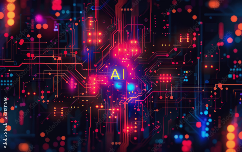 Abstract digital background illustrating artificial intelligence with vibrant circuit board paths