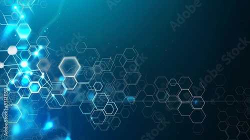 Abstract Blue Technology Background with Hexagons and Glowing Lights.