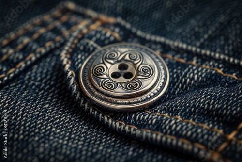 Closeup of intricately designed button on the back of a pair of jeans, next to an empty label