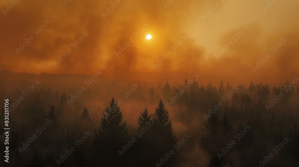 Forest fire smoke drifting across the horizon, obscuring the sun and creating a hazy, apocalyptic atmosphere