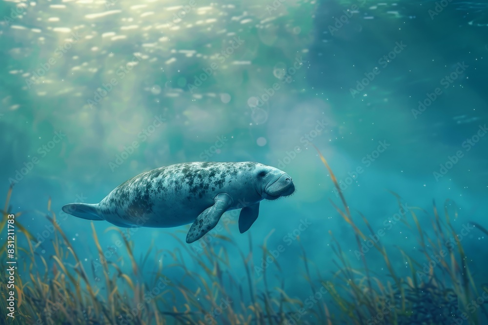 Graceful manatee swimming amidst sunlit water and ocean flora