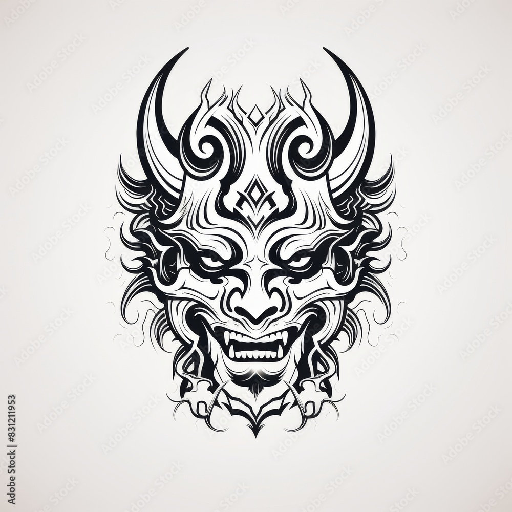 A demonic mask tattoo design with intricate details and fiery elements