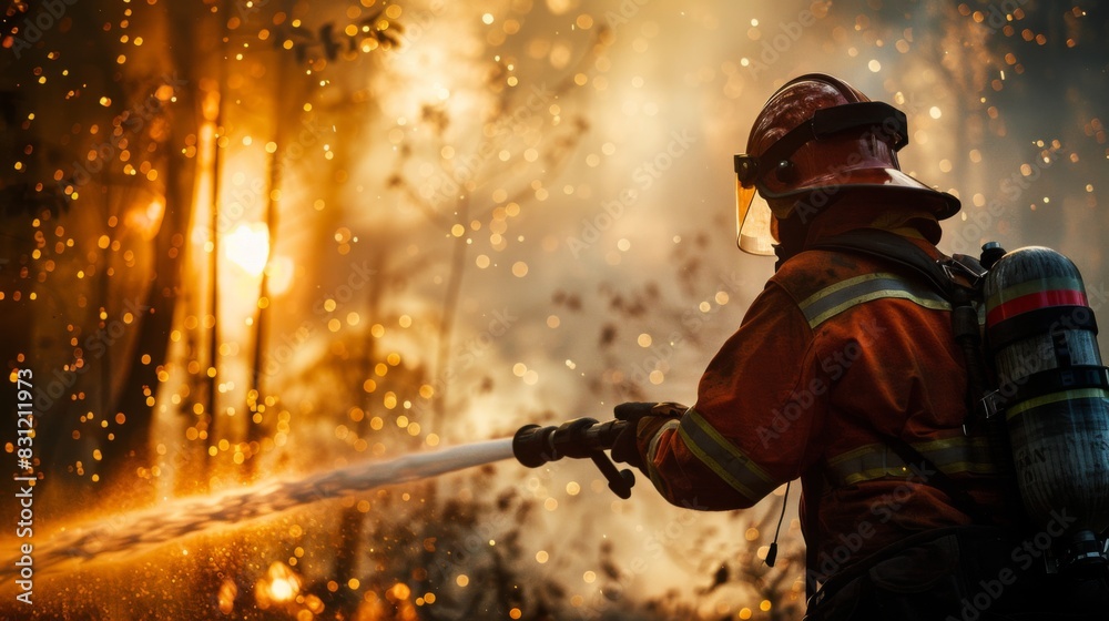 Forest firefighter battling flames with a hose, demonstrating bravery and heroism in the face of natural disasters Forest firefighter battling flames with a hose, demonstrating bravery and heroism in the face of natural disasters