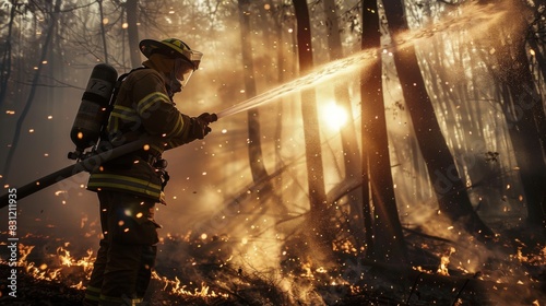 Forest firefighter battling flames with a hose, demonstrating bravery and heroism in the face of natural disasters photo
