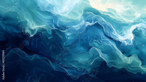 An abstract background inspired by the depths of the ocean. Use deep blues and greens, interspersed with lighter shades to represent sunlight filtering through the water, and incorporate flowing