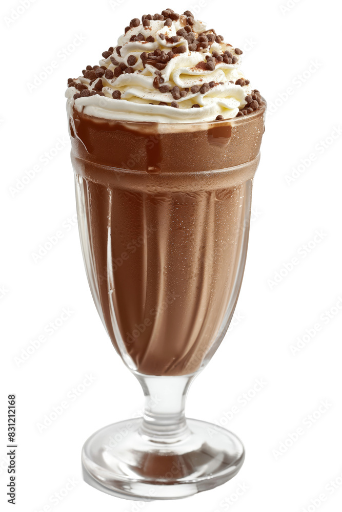 A tall glass of chocolate milk with whipped cream on top. The drink looks delicious and inviting, and it's perfect for a hot summer day, isolated transparent background A tall glass of chocolate milk with whipped cream on top. The drink looks delicious and inviting, and it's perfect for a hot summer day, isolated transparent background