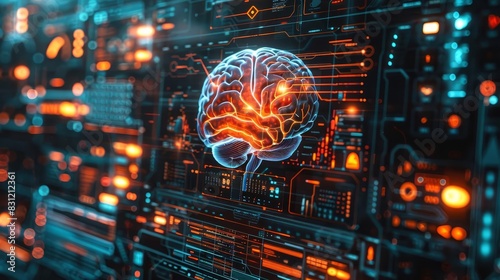 A detailed close-up of a holographic brain interface, showing neural pathways and mental health data, Sci-fi, Digital Illustration
