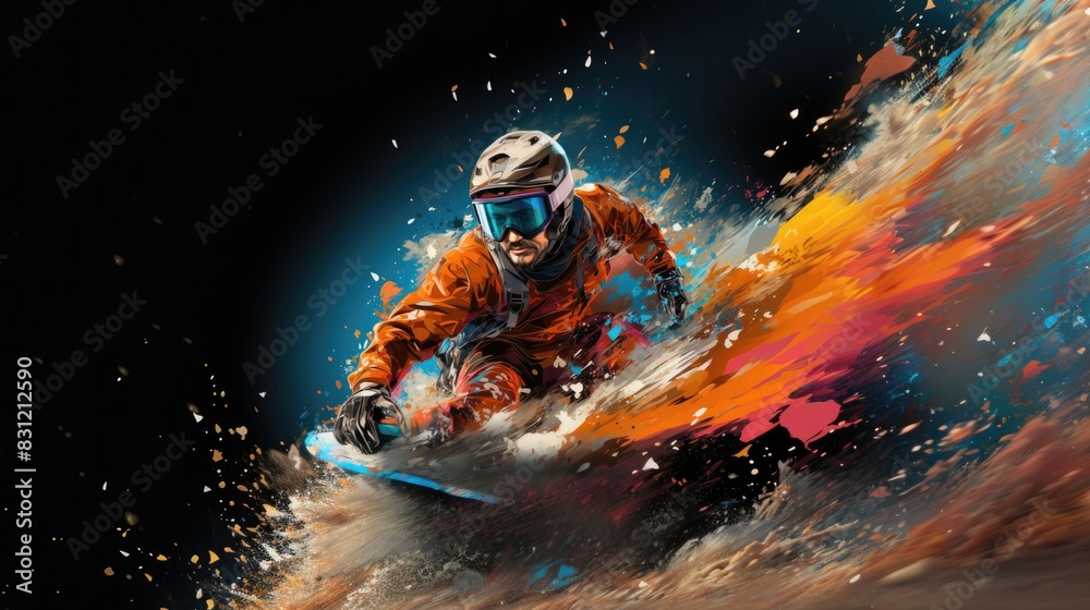 An exhilarating image capturing a snowboarder in motion surrounded by vibrant paint splashes, illustrating speed and energy An exhilarating image capturing a snowboarder in motion surrounded by vibrant paint splashes, illustrating speed and energy