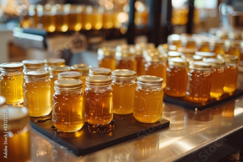 Numerous jars of honey neatly arranged on a table in a store