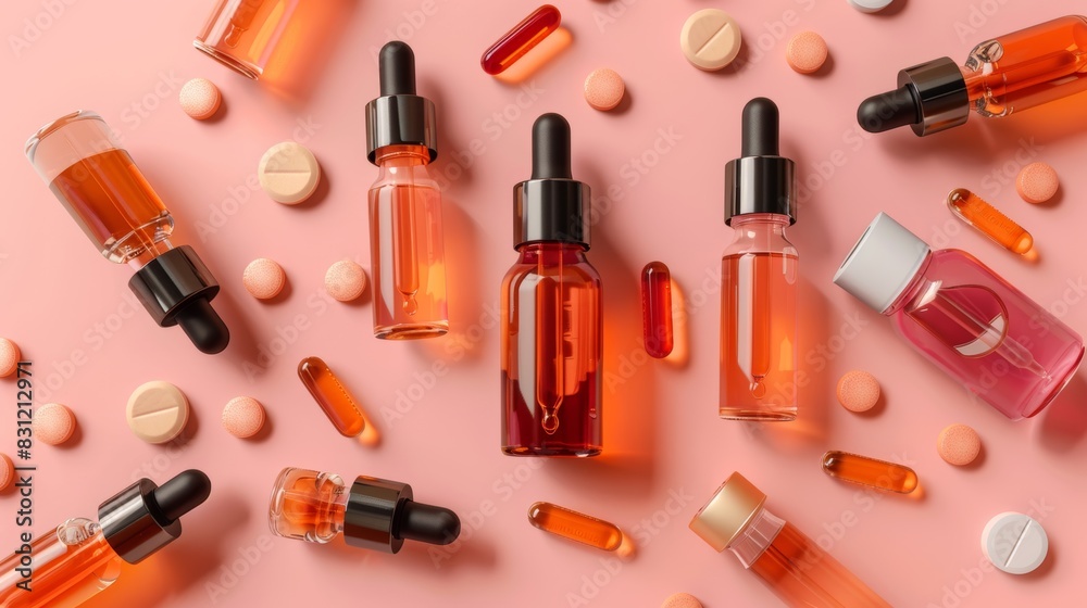 A flat lay of various glass bottles with dropper tops and capsules, scattered on a pink surface, representing the concept of beauty and health. A flat lay of various glass bottles with dropper tops and capsules, scattered on a pink surface, representing the concept of beauty and health.