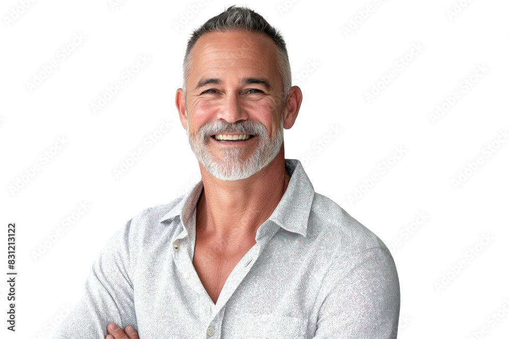 Middle-Aged Man in White Shirt Smiling on White Background Middle-Aged Man in White Shirt Smiling on White Background