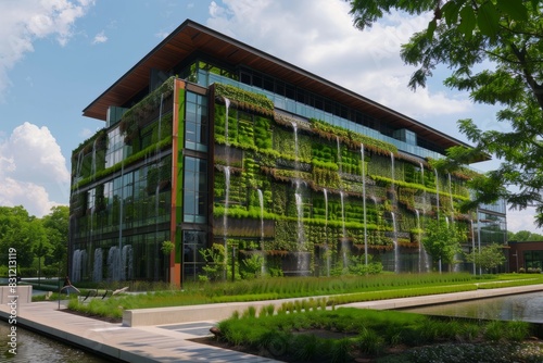 A wide-angle view of a large commercial building adorned with numerous green plants on its roof, enhancing its eco-friendly design