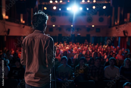 A man with a microphone stands in front of a large crowd during a comic performance, engaging the audience