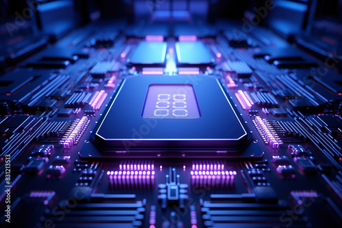 A close-up of a computer chip with blue and pink neon lights. The chip is the central processing unit (CPU) of a super computer