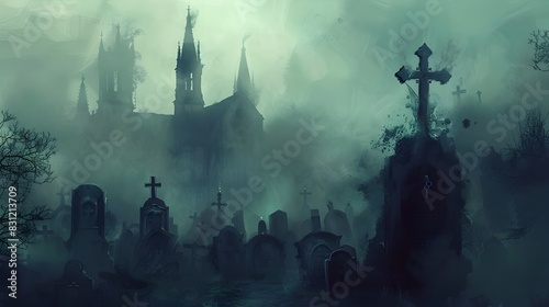 Haunting Gothic Castle Looming in Eerie Fog and Gloom photo