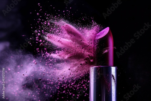 Closeup of magenta lipstick with a burst of powder on a black background, AI generative