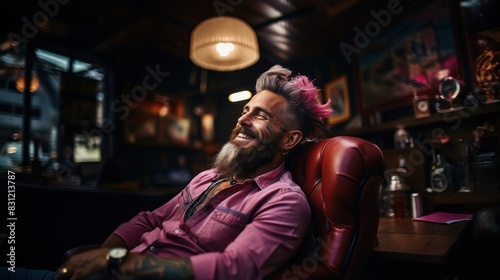A stylish individual with a distinctive look sitting relaxed in a vintage leather chair in a bar setting