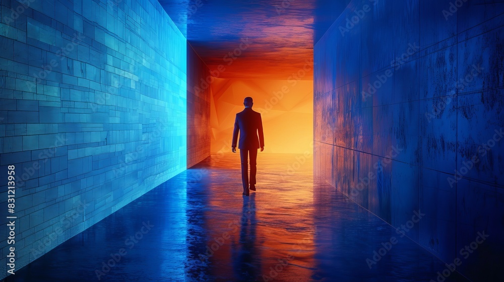 A man walks through a tunnel with a sunset in the background A man walks through a tunnel with a sunset in the background