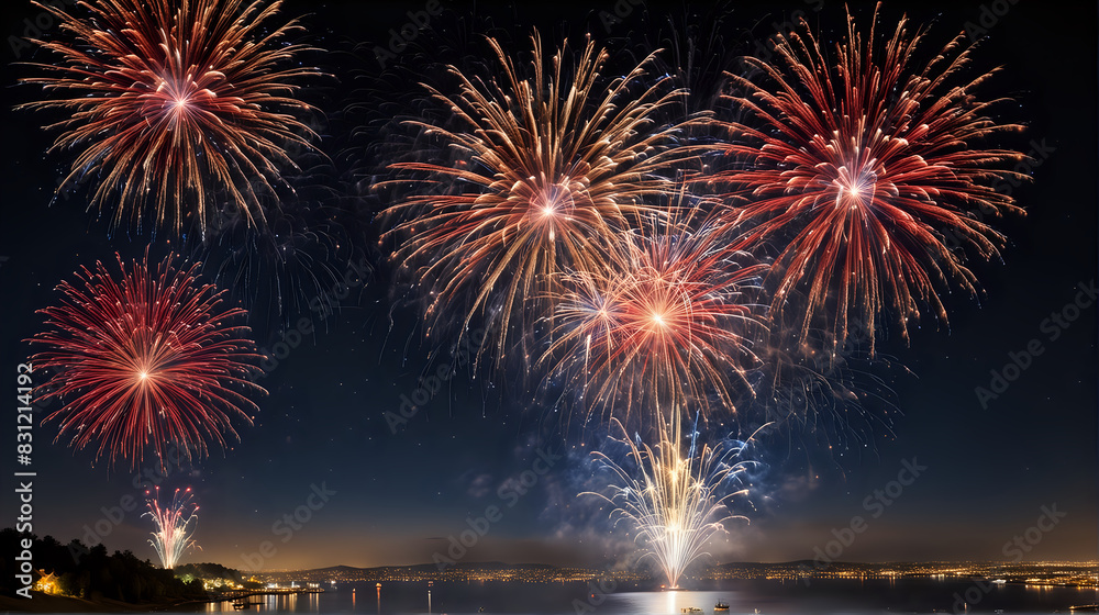 a spectacular fireworks display over a cityscape at night, with multiple bursts of red and gold fireworks illuminating the dark sky a spectacular fireworks display over a cityscape at night, with multiple bursts of red and gold fireworks illuminating the dark sky