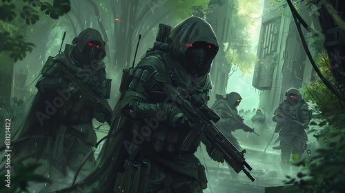 Elite Special Forces Soldiers Conducting Covert Jungle Patrol Mission photo