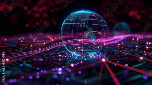 Abstract futuristic digital globe with glowing lines and dots, representing global connectivity and communication, perfect for tech and business presentations, websites, and social media posts