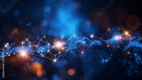 Abstract Digital Network, Connection Lines, and Glowing Points on a Blue and Orange Bokeh Background