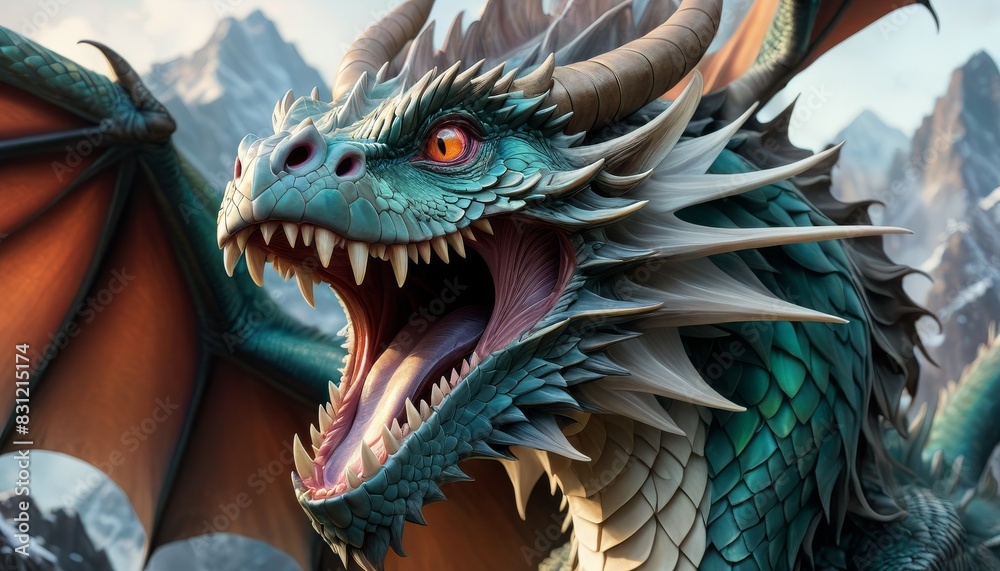A close-up of a fierce, green dragon with its mouth open wide, showing ...