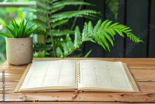 Elegant minimal planner open on a desk with a fern plant in the background