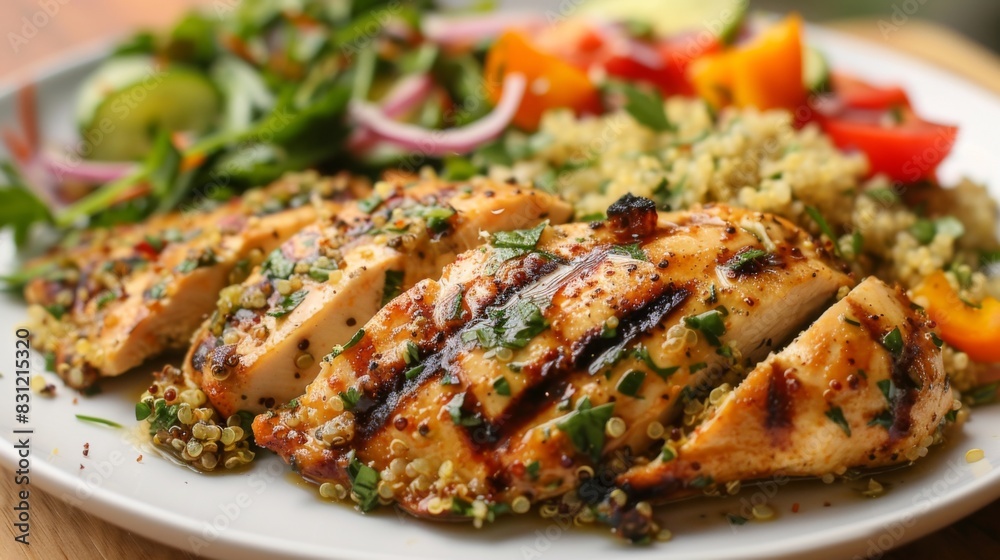 Grilled chicken thigh steak marinated in lemon herb dressing, served with quinoa salad and grilled vegetables, offering a healthy and satisfying meal
