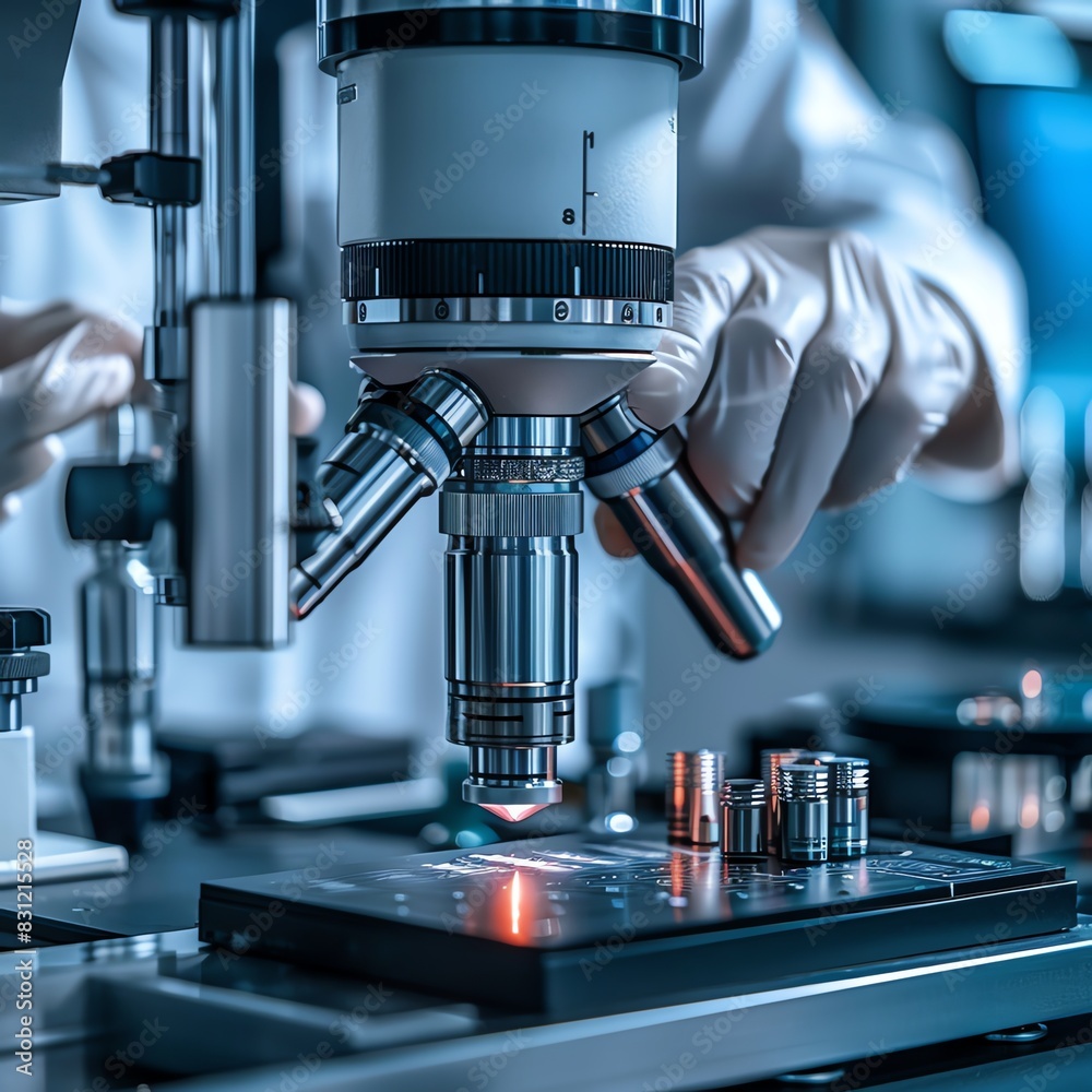 Scientist using microscope in laboratory for research and analysis. High-tech equipment in modern scientific lab setup.
