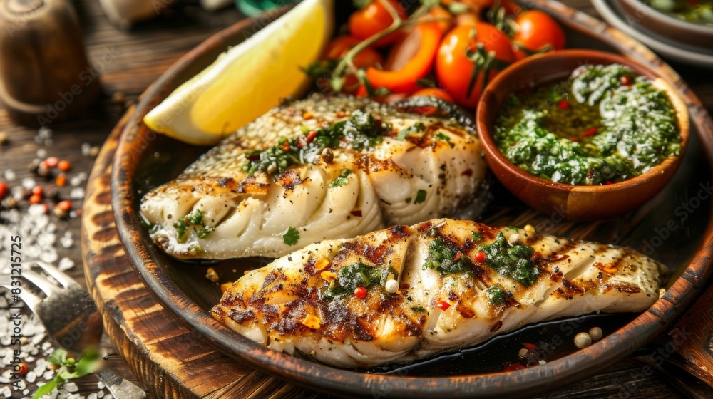 Grilled fish fillets served with roasted vegetables and chimichurri sauce, offering a flavorful and nutritious meal option Grilled fish fillets served with roasted vegetables and chimichurri sauce, offering a flavorful and nutritious meal option