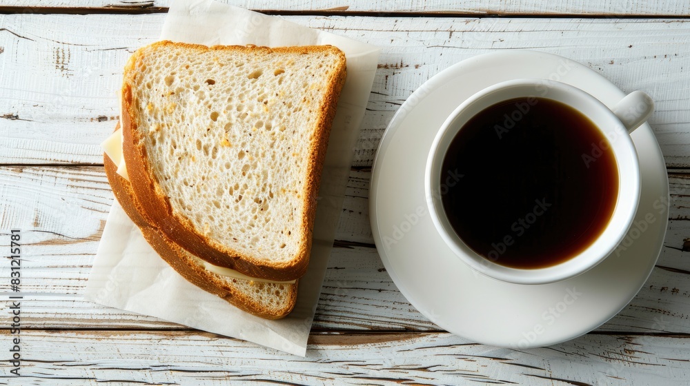 Coffee and club sandwich on a white wooden table background, top view with copy space concept for a healthy breakfast at home. Coffee and club sandwich on a white wooden table background, top view with copy space concept for a healthy breakfast at home.