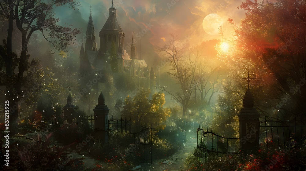 Fototapeta premium Enchanting Fairytale Castle in Autumnal Forest at Dusk