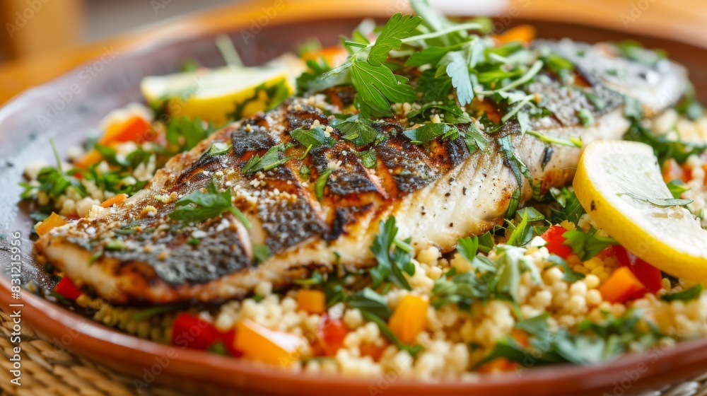Grilled fish served on a bed of colorful vegetables and couscous, garnished with fresh herbs and lemon slices for a vibrant and flavorful dish Grilled fish served on a bed of colorful vegetables and couscous, garnished with fresh herbs and lemon slices for a vibrant and flavorful dish
