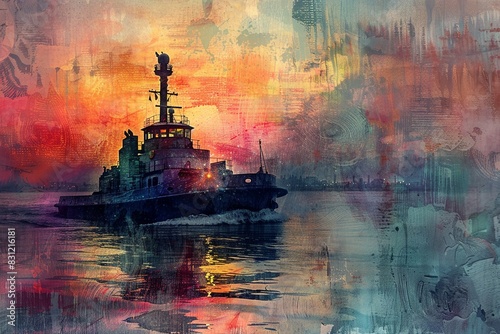 whimsical effect of a tug boat in the river, sailing in front of the statue of liberty it is dawn the river is calm Textured painterly fantasy artistic Oil paint splashes intuitive photo