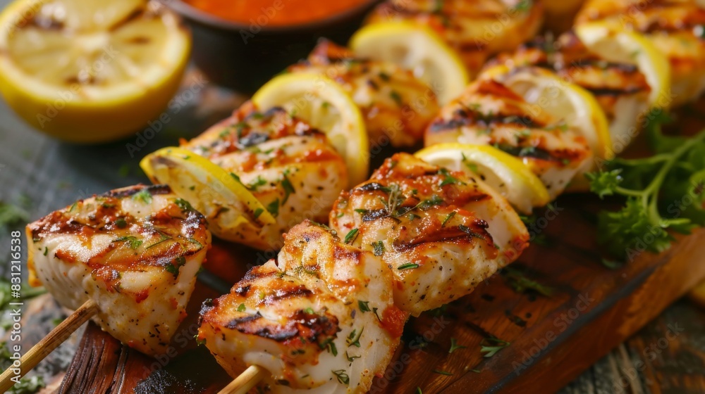 Grilled fish skewers served with a tangy dipping sauce and grilled lemon wedges, offering a flavorful and easy-to-eat seafood appetizer Grilled fish skewers served with a tangy dipping sauce and grilled lemon wedges, offering a flavorful and easy-to-eat seafood appetizer