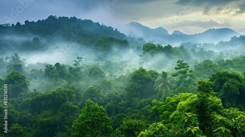 Beautiful natural panoramic tropical forest after rain © paullawat