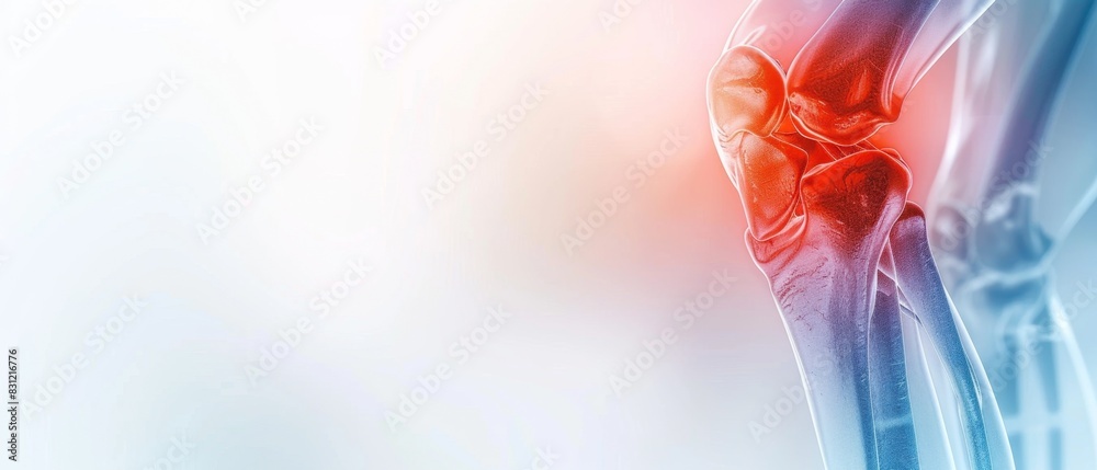 Medical illustration of a knee joint depicting inflammation or pain ...