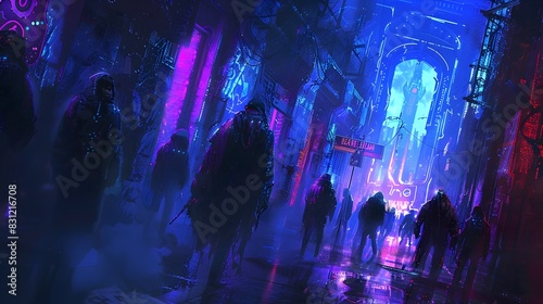 Futuristic City Street at Night with Moody Neon Lights and Mysterious Atmosphere