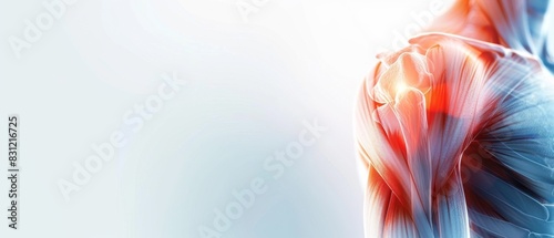 Detailed 3D rendering of human shoulder muscles and tendons, highlighting anatomy and physiology against a light background. photo