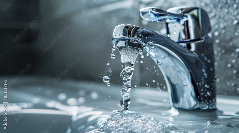 Crisp clarity of a water droplet mid-fall from a faucet, symbolizing purity and freshness. Ideal for water conservation and environmental themes Crisp clarity of a water droplet mid-fall from a faucet, symbolizing purity and freshness. Ideal for water conservation and environmental themes
