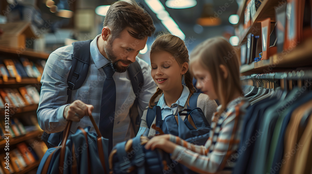 Exciting Back to School Preparations: Parents Buying School Uniforms in High Resolution Photo Realistic Image with Glossy Backdrop Capturing the Preparation and Excitement for New 