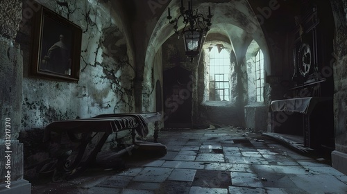 Forgotten Medieval Castle Ruin - Eerie Abandoned Interior with Decaying Arches and Furniture
