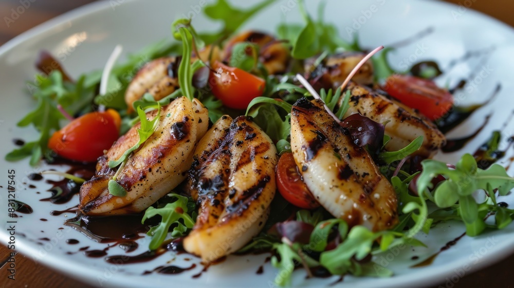 Grilled squid salad with mixed greens, cherry tomatoes, and balsamic vinaigrette, presenting a light and refreshing dish bursting with Mediterranean flavors Grilled squid salad with mixed greens, cherry tomatoes, and balsamic vinaigrette, presenting a light and refreshing dish bursting with Mediterranean flavors