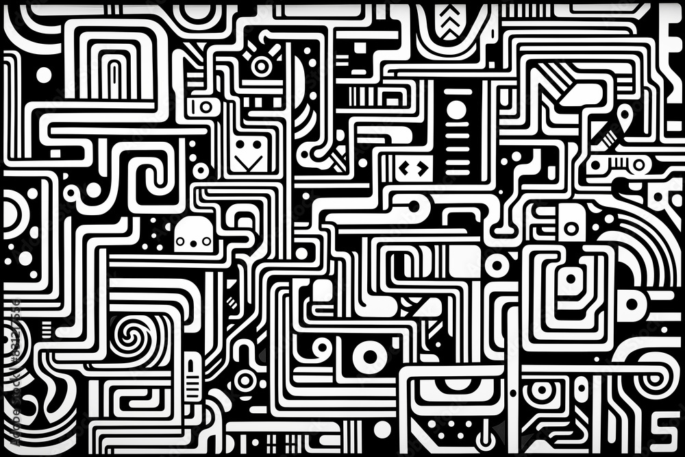 Abstract Geometric Maze Pattern, Black and White, Modern Art