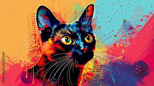 Playful Burmese Cat illustration, vibrant pop art, colorful geometric shapes focus on, dynamic, composite, playground backdrop