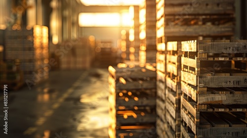 Close-up of pallets of goods in a warehouse, foreground focus with blurred background, illuminated by noon light. Perfect for technology and logistics themes